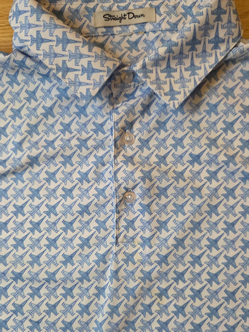 Straight Down F-16 Fighter Jet Mountain View Golf Club Polo Blue White L
